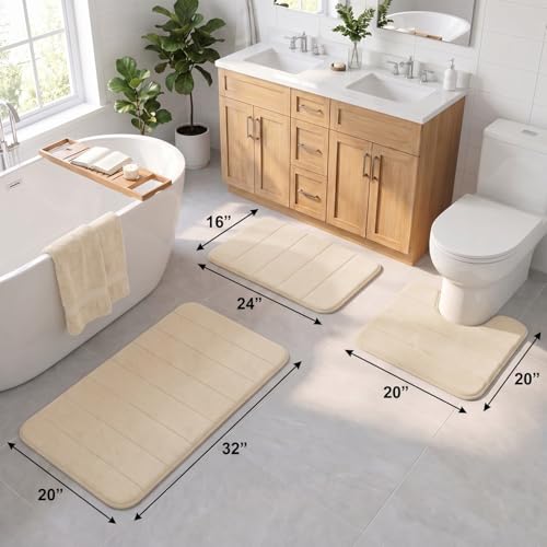 Bathroom Rugs Set 3 Piece, Memory Foam Bath Rugs, Non Slip Washable Bathroom Rug Set, Extra Soft Absorbent Bath Mats with U-Shaped Toilet Rug, Camel - color: Camel
