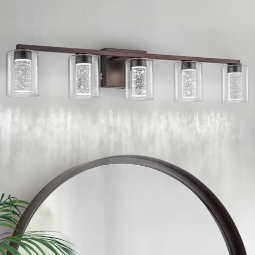 SineRise 5-Light Bronze Vanity Light with 3 Color Modes (3000K/4000K/6000K), Eye Protection LED Bathroom Light Fixture, Dimmable Modern Wall Light Over Mirror with Clear Glass Shade - color: Bronze, size: 5-light