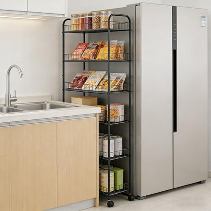 10in 6-Tier Slim Storage Cart with Wheels, Metal 10in Wide Black Narrow Rolling Shelf, Sturdy Slim Storage with Hooks Ideal for Kitchen, Bathroom, and Laundry Room - size: 10in 6-Tier Cart