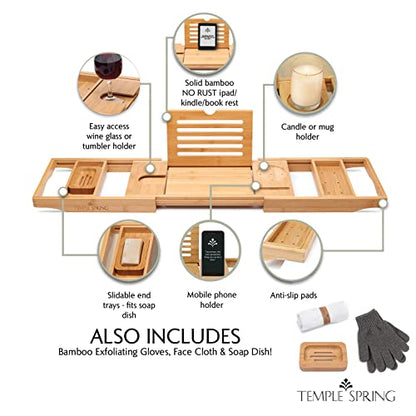 Bamboo Bathtub Tray Caddy for Tub — Expandable Wood Bath Tray with Solid Book Stand Wine Holder and Non-Slip Pads — Includes Bamboo Soap Dish and Spa Accessories — Luxury Bath Gift Set - color: Natural