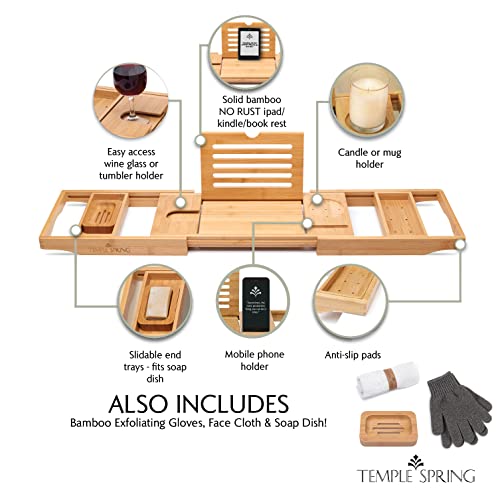 Bamboo Bathtub Tray Caddy for Tub — Expandable Wood Bath Tray with Solid Book Stand Wine Holder and Non-Slip Pads — Includes Bamboo Soap Dish and Spa Accessories — Luxury Bath Gift Set - color: Natural