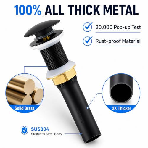 Pop up Drain for Bathroom Sink,Vessel Sink Drain Without Overflow,Black | All-Metal Rustproof 304 Stainless Steel with Anti-Clogging Hair-Catcher Basket - color: Matte Black