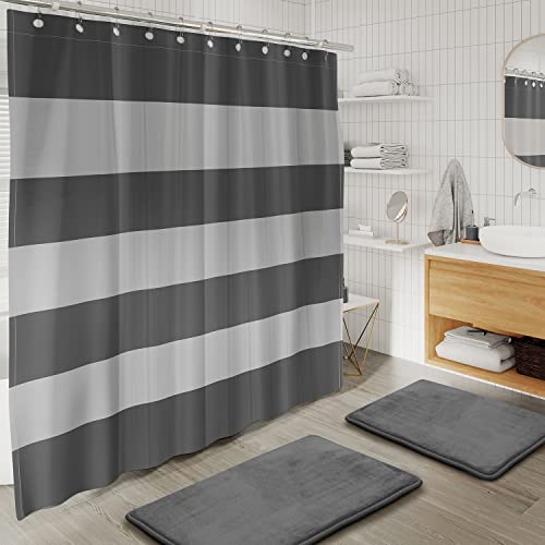 Clara Clark Bathroom Set - Gray Bathroom Accessories Set, Bathroom Sets with Shower Curtain and Rugs, 23PC Shower Curtain Set with Liner, Soap Dispenser, Soap Dish, Toilet Brush Holder, and Trash Can - color: Grey, size: Complete Set + Bath Rugs