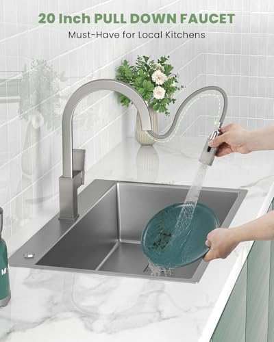 DAYONE Square Kitchen Faucet Brushed Nickel, Modern Pull Down Kitchen Sink Faucet with Spray 2 Modes, S304 Stainless Steel Single Handle Faucet for Kitchen Sink, with Square Deck Plate - color: Brushed Nickel