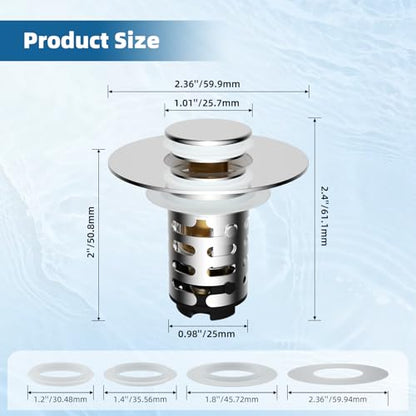 2-Pack Universal Bathroom Sink Drain Stopper, 4-in-1, Brushed Nickel | Hair Catcher Pop-Up Sink Strainer Stopper with 2-Layer Removable Stainless Steel Basket, Drain Plug for 1.1"-2.36" US Basin - color: Brushed Nickel Finished
