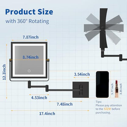Ruacq Wall Mounted Makeup Mirror with Lights 1X/10X Dual Sided Matte Black | 8",4000mAh Rechargeable,Magnification,3 Color,Touch Screen Dimmable,360° Rotation Extension Foldable Arm, Square, Women Gift - color: Matte Black