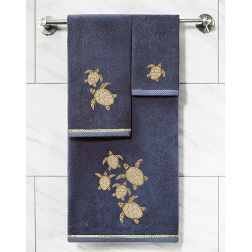 Jewel 4-Piece Premium Towel Set, Embroidered Turtles, Plush Turkish Cotton, Durable & Quick Dry, Elegant Beach Style, 2 Bath 2 Hand Towels, Marine - color: Marine, size: 2 Pcs Bath 2 Pcs Hand Towel