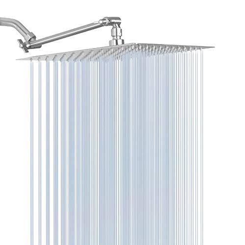 High Pressure Large Stainless Steel Square Rain ShowerHead With Shower Arm Waterfall Full Body Coverage Easy to Clean and Install (12 Inch With Arm, Brushed Nickel) - color: Brushed Nickel, size: 12 Inch With Arm