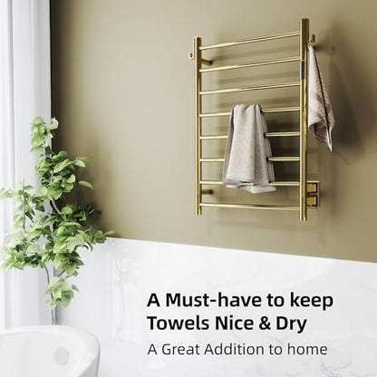 P&Dlusir EL13 Heated Towel Rack, Polished Gold, 8 Bar | Fast Heat in 2 Min, Smart Timer, Thermo Control, Memory Functoion, Stainless Steel, Hard-Wired/Plug-in - color: Polished Gold, size: 21.65"W x 31.54"H