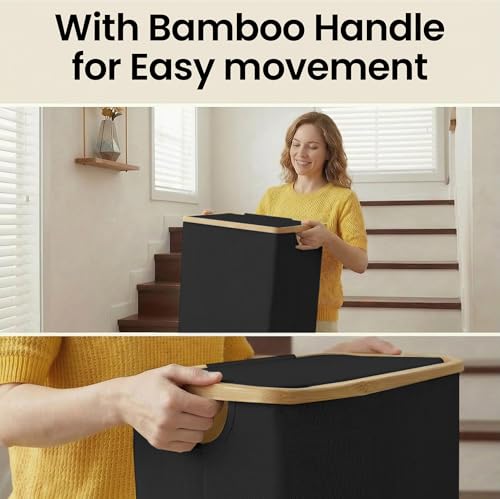 efluky Slim Laundry Basket with Lid, Narrow Laundry Hamper with Removable Bag, Skinny Dirty Clothes Basket with Bamboo Handles for Bathroom, Bedroom & Laundry Room, 75L Black - color: Black, size: 75L