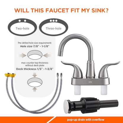 Bathroom Sink Faucet 2 or 3 Hole Brushed Nickel Centerset 4 Inch | Bathroom Sink Faucet 2 Handle Over ABS Non-Metallic Lavatory Bathroom Faucet with Pop up Drain Water Supply Hoses