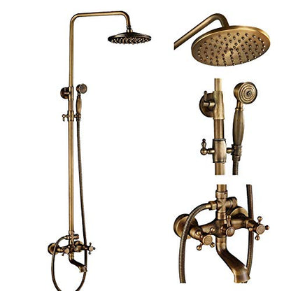 NeierThodore Antique Brass 8-Inch Bathroom Shower Faucet System Rainfall Shower Head Wall-Mounted Dual Cross Handle Bathtub Shower Mixer Tap with Hand Sprayer - color: Antique Brass, size: 8 Inch 3 Modes