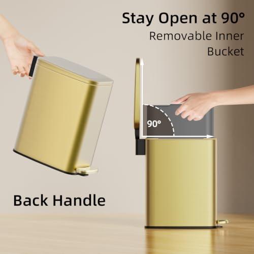 KSSKSS Small Bathroom Trash Can with Lid Soft Close, Step Pedal, 6L / 1.6 Gal Stainless Steel Garbage Bin with Removable Inner Bucket, Slim Wastebasket for Narrow Spaces (Gold) - color: Gold-p