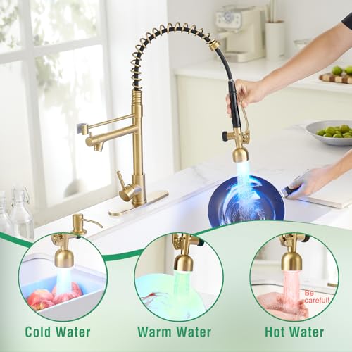 Fapully Commercial Kitchen Faucets with Pull Down Sprayer Brushed Gold LED | Single Handle Faucet for Kitchen Sink, Kitchen Faucet with Soap Dispenser and Deck Plack for 4 Hole - color: Brushed Gold, style: Rustic