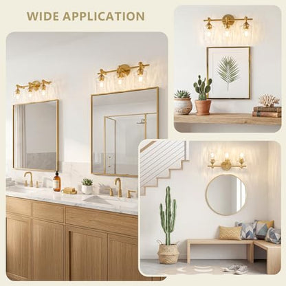 3-Light Bathroom Vanity Light Fixture Over Mirror, Brushed Gold | Clear Hammered Glass Shades, Beaded Crossbar Frame, Rippled Glow, Wall Mount Up or Down, E26 Socket, Hardwired, 120V - color: Brushed Gold