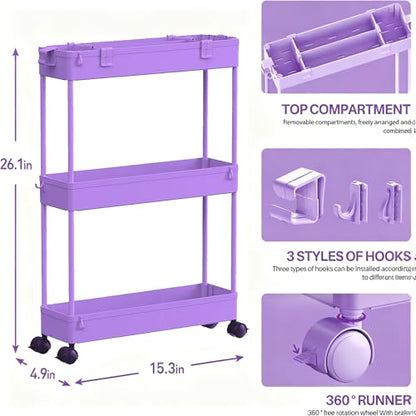 Slim Storage Cart 3 Tier,Bathroom Organizer Rolling Utility,Mobile Shelving Unit Slide Out for Office, Kitchen, Laundry Room & Narrow Places,Purple - color: Purple