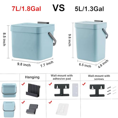 LALASTAR 5L+7L Kitchen Compost Bin, Hanging Trash Can with Lid for Kitchen Cabinet Door, Under Sink, Wall Mounted Waste Bin for Bathroom, Blue