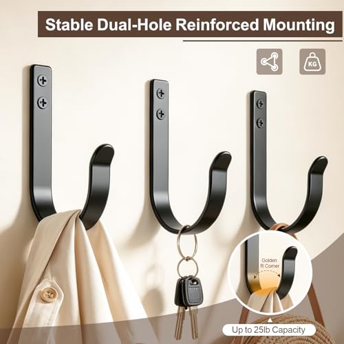 10 Pack Large Black Metal Wall Hooks for Coats and Towels | Screw mount hardware, outdoor closet door bathroom use, backpack robe utility - color: 10PACK + Black
