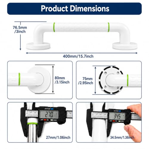 Shower Grab Bars for Seniors, 16-Inch Stainless Steel Safety Handle | handicap grab bar | Heavy-duty support | Glow-in-the-dark ring | wall-mounted grab bar | shower safety rail
