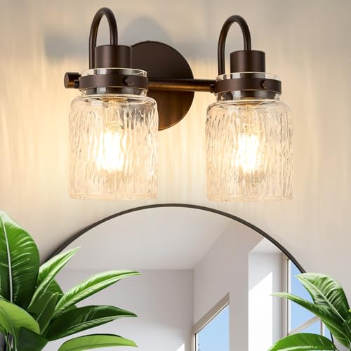 2 Lights Bathroom Vanity Light, Oil Rubbed Bronze Bathroom Light Fixtures with Hammered Glass Lampshade for Dressing Table,Over Mirror,Hallway - color: Oil-Rubbed Bronze, size: 2 Lights