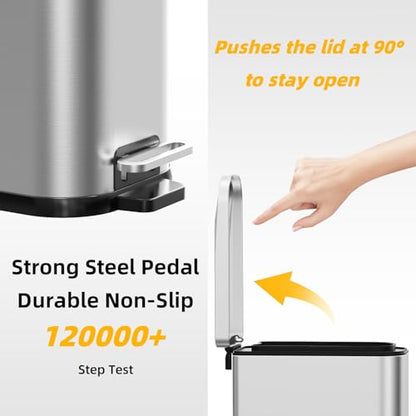 KdbK Bathroom Trash Can with Soft Close Lid, 15L/ 4 GallonRectangular Trash Can with Removable Wastebasket, Step Pedal, Slim Wastebasket for Bedroom, Home Office,Silver - color: Silver