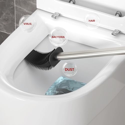 Toilet Brush and Holder, Stainless Steel | Removable Inner Bowl and Splash Protection,Flat and Elongated,Dense Bristles for Through Cleaning - color: Silver