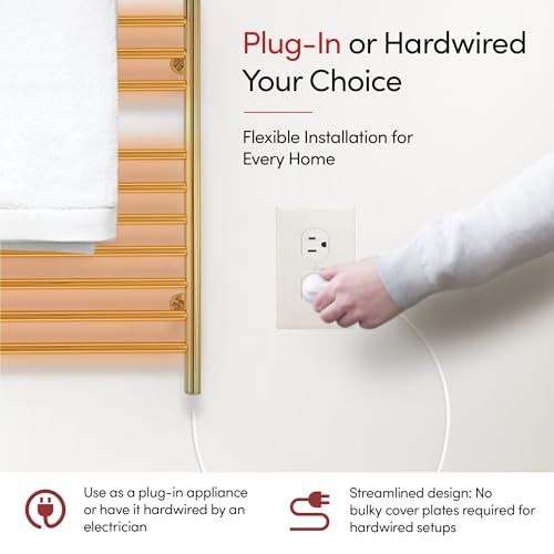 Heated Towel Rack, 10-Bar Wall-Mounted Electric Towel Warmer, Polished Gold, Plug-in or Hardwired, Luxury Bathroom Accessory for Warm, Dry Towels (WarmlyYours Infinity) - color: Polished Gold