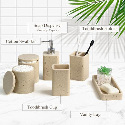 Bathroom Accessories Set 6 Piece Soap Dispenser Set Travertine Beige | Bathroom Set with Toothbrush Holders, Soap Dispenser, Vanity Tray, Tumbler, Cotton Swab Jars, Bathroom Organizer and Storage - color: Travertine Beige