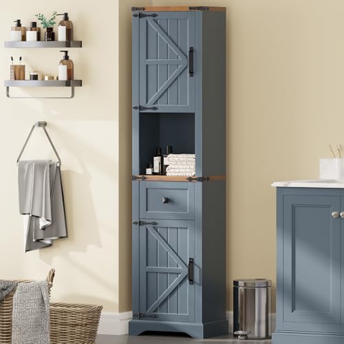Vabches 66" Tall Farmhouse Bathroom Storage Cabinet with Barn Doors, Blue | Narrow Storage Unit with Drawer, Adjustable Shelves & 5-Tier Space, Freestanding Cabinet for Bathroom, Entryway, Kitchen - color: Blue