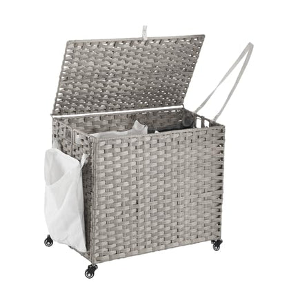 Laundry Hamper with Wheels, 34.3 Gallon(130L) Rolling Laundry Basket with Lid, Removable Large 2 Color Liners & 3 Mesh Laundry Bags, Clothes Hamper with Side Pocket, Grey - color: Grey, size: 23.62"L x 15.75"W x 21.65"H