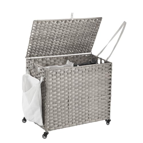 Laundry Hamper with Wheels, 34.3 Gallon(130L) Rolling Laundry Basket with Lid, Removable Large 2 Color Liners & 3 Mesh Laundry Bags, Clothes Hamper with Side Pocket, Grey - color: Grey, size: 23.62"L x 15.75"W x 21.65"H