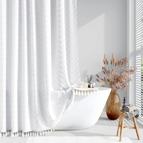 Dynamene Stall Boho Farmhouse Shower Curtain Tufted Chevron 54"x72" White | 54 Inch Wide, Elegant Tassel, Lightweight Textured Fabric, Water Repellent, Washable, for Narrow Bathroom/Dorm 10 Hooks - color: A. White, size: 54"W x 72"L (Pack of 1)