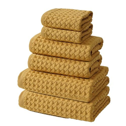 SK Studio 6 Piece Yellow Bath Towels Set Cotton Waffle Bathroom Towels | 2 Bath Towels, 2 Hand Towels, 2 Washcloths Quick Dry for College Dorm, Spa - color: Yellow