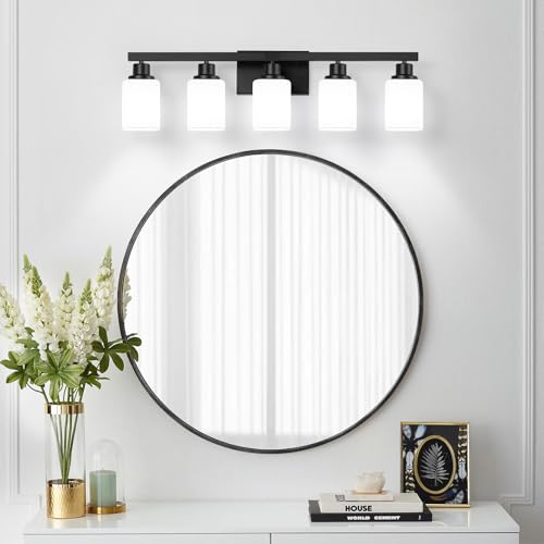 5-Light Bathroom Vanity Light, Modern Matte Black Bathroom Light Fixtures with Square Frosted Glass, Wall Sconces fixtures Over Mirror Restroom,Living Room Hallway E26 - color: Black, size: 5-Light