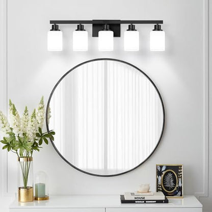 5-Light Bathroom Vanity Light, Modern Matte Black Bathroom Light Fixtures with Square Frosted Glass, Wall Sconces fixtures Over Mirror Restroom,Living Room Hallway E26 - color: Black, size: 5-Light