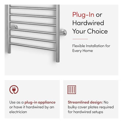 Heated Towel Rack, 10-Bar Wall-Mounted Electric Towel Warmer, Brushed Stainless Steel, Plug-in or Hardwired, Luxury Bathroom Accessory for Warm, Dry Towels (WarmlyYours Infinity) - color: Brushed Stainless Steel