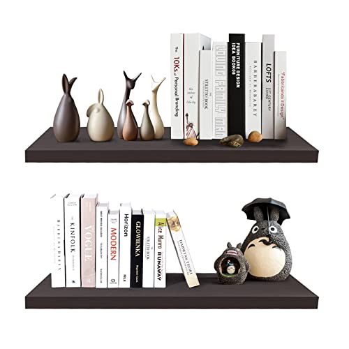 SAUMONIERES 24 Inch Floating Wall Shelves for Bedroom Bathroom Wall Mounted Solid Wood Shelf Storage Set of 2, Espresso - color: Espresso, size: 24 Inch-2 shelves