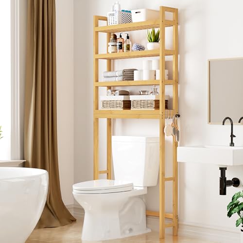 Smiry Over The Toilet Storage Cabinet, 4-Tier Bamboo Bathroom Organizers with Adjustable Shelf & 4 Hooks, Space Saving Shelf Rack for Bathrooms, Laundry Room, Balcony, Natural - color: Natural, size: 4 Tiers (72.8"H)