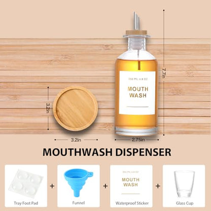 11.8OZ Glass Mouthwash Dispenser, Clear | Stainless Steel & Bamboo Nozzle, Reusable Mouthwash Cup, Bamboo Tray, Elegant Gold Sticker - color: Clear/350*1