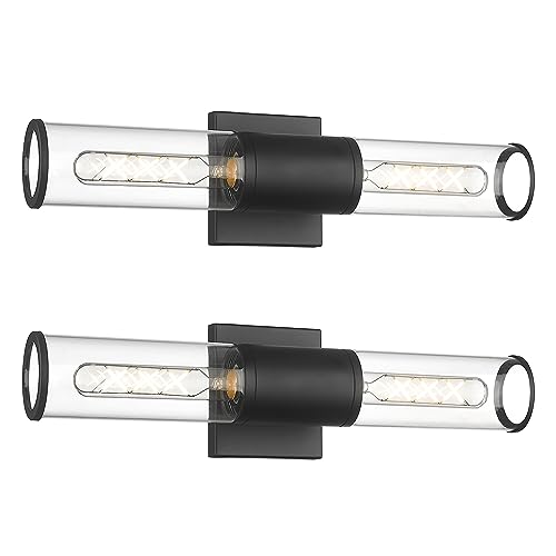2-Pack Black Bathroom Vanity Light Fixtures, Clear Glass Shades | 2-light modern bathroom wall sconces, vertical or horizontal mount, E26 base, hardwired, bulbs not included, VL834-MB-2PK - color: Black-Clear Glass, 2-Pack