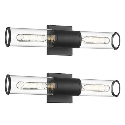 2-Pack Black Bathroom Vanity Light Fixtures, Clear Glass Shades | 2-light modern bathroom wall sconces, vertical or horizontal mount, E26 base, hardwired, bulbs not included, VL834-MB-2PK - color: Black-Clear Glass, 2-Pack