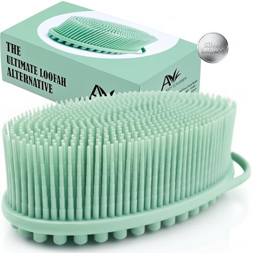Avilana Silicone Body Scrubber for Shower – SGS Certified Food Grade Dual Sided Bath Brush, Gentle Exfoliating Silicone Loofah Alternative, Sensitive Skin Body Brush (Green-Silver, Massage) - color: Green-silver, size: Massage