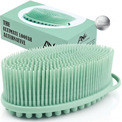 Avilana Silicone Body Scrubber for Shower – SGS Certified Food Grade Dual Sided Bath Brush, Gentle Exfoliating Silicone Loofah Alternative, Sensitive Skin Body Brush (Green-Silver, Massage) - color: Green-silver, size: Massage