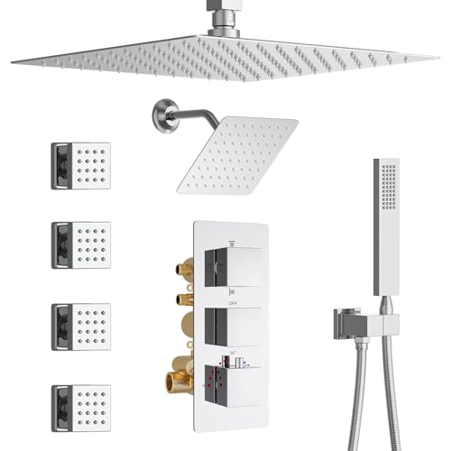 Thermostatic Shower System Chrome Shower Faucet Set, Four Modes Shower Faucet with 4 PCS Body Jet, Handheld Spray, 2 Rainfall Shower Head(12+8“) - color: Chrome, size: 12+8" Ceiling Shower