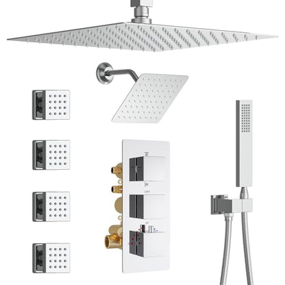 Thermostatic Shower System Chrome Shower Faucet Set, Four Modes Shower Faucet with 4 PCS Body Jet, Handheld Spray, 2 Rainfall Shower Head(12+8“) - color: Chrome, size: 12+8" Ceiling Shower