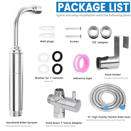 Handheld Toilet Bidet Sprayer for Toilet - Adjustable Flush Angle & Water Pressure for Bathroom Diaper Shower, All Brass Handheld Bidet Sprayer with Superior Complete Spray Hoses Kit (Sliver) - color: Sliver