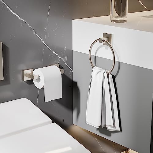 RUACQ Brushed Nickel Toilet Paper Holder & Towel Ring, Bathroom Accessories | 2-Piece Bathroom Hardware Set, Pivoting Tissue Roll Holder, Hand Towel Ring, Square Base, 304 Stainless Steel, Wall Mounted - color: Brushed Nickel, size: 2pcs
