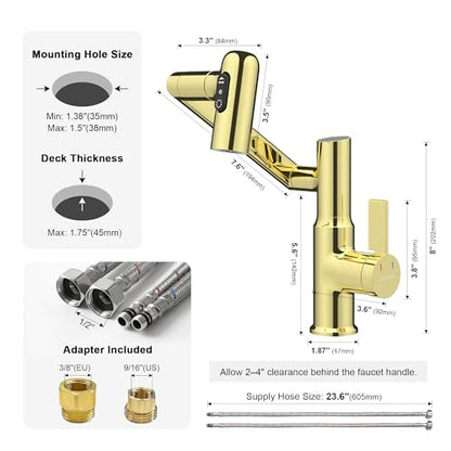 Rotatable Bathroom Faucet with Temperature Display in Fahrenheit (Batteries-Free), 3 Water Outlet Modes, Polished Gold, BF2204-5 - color: Polished Gold