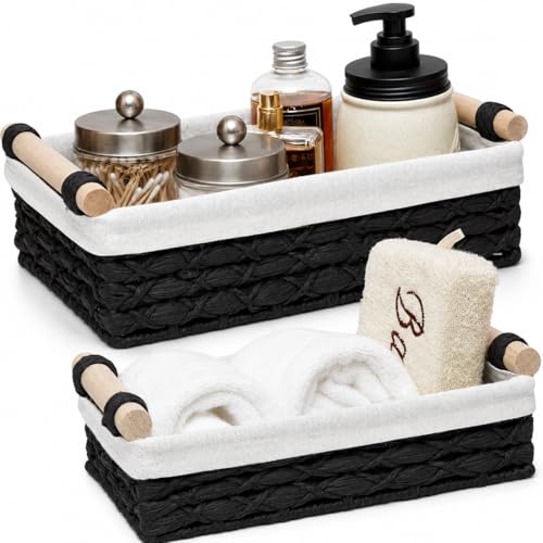 Black Paper Rope Bathroom Baskets Set of 2, Wooden Handles | Toilet Tank Baskets for Organizing, Black Bathroom Storage Baskets with Liner, Toilet Paper Basket, Black Bathroom Decor - color: Black
