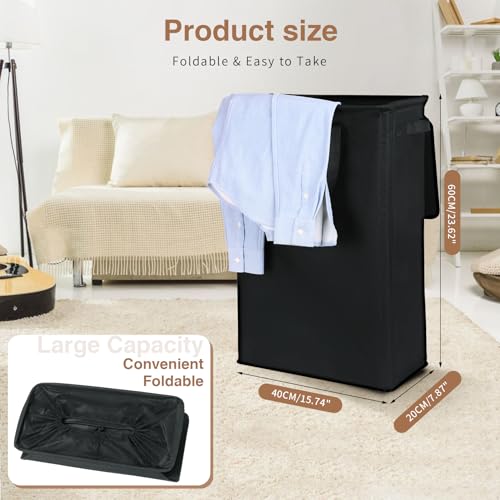 GOMAJI Slim Laundry Basket with Lid and Handles, Foldable Laundry Basket for Clothes, Clothes Hamper Easy to Carry, Dirty Hampers for Bedroom, Bathroom, Dorm, College, 12.7 Gallons(48L) - color: BLACK